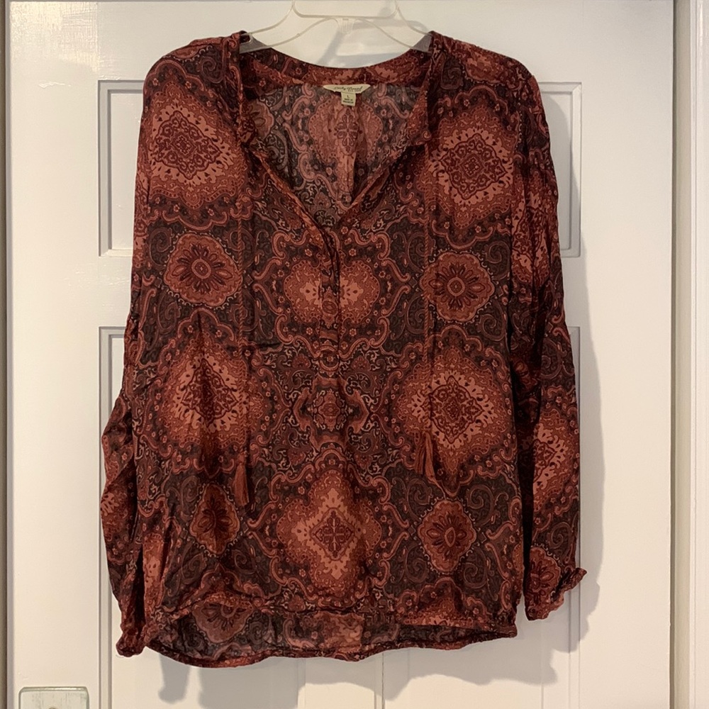 Lucky Brand Deep Red Paisley Pattern Blouse w/Tassles